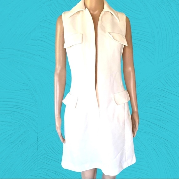 𝅺vintage Mod white sz XS/S dress ALine sheath wiggle crepe poly knit petite MCM - Picture 9 of 10
